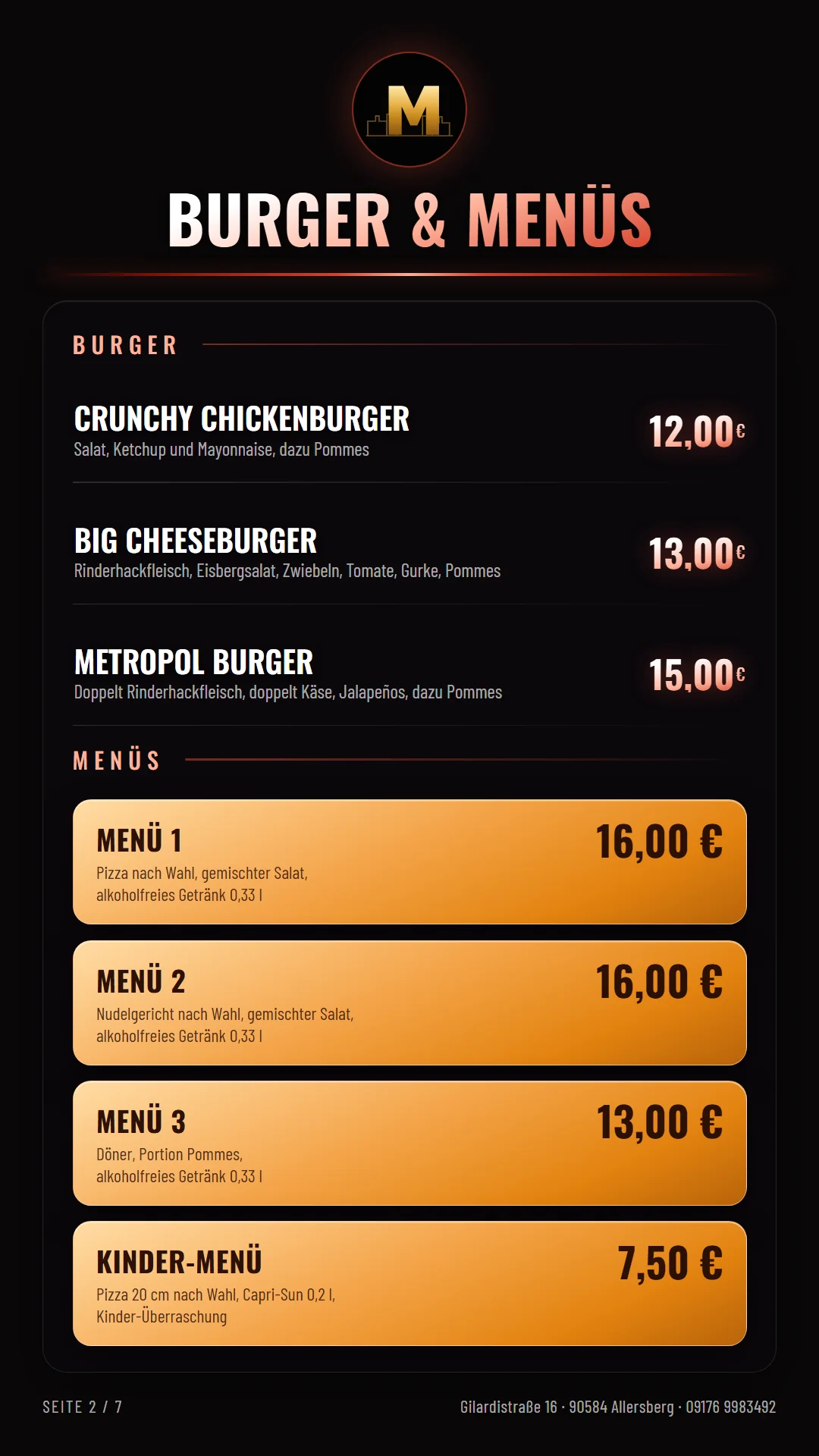 Speisekarte Seite 2 – Burger und Menüs