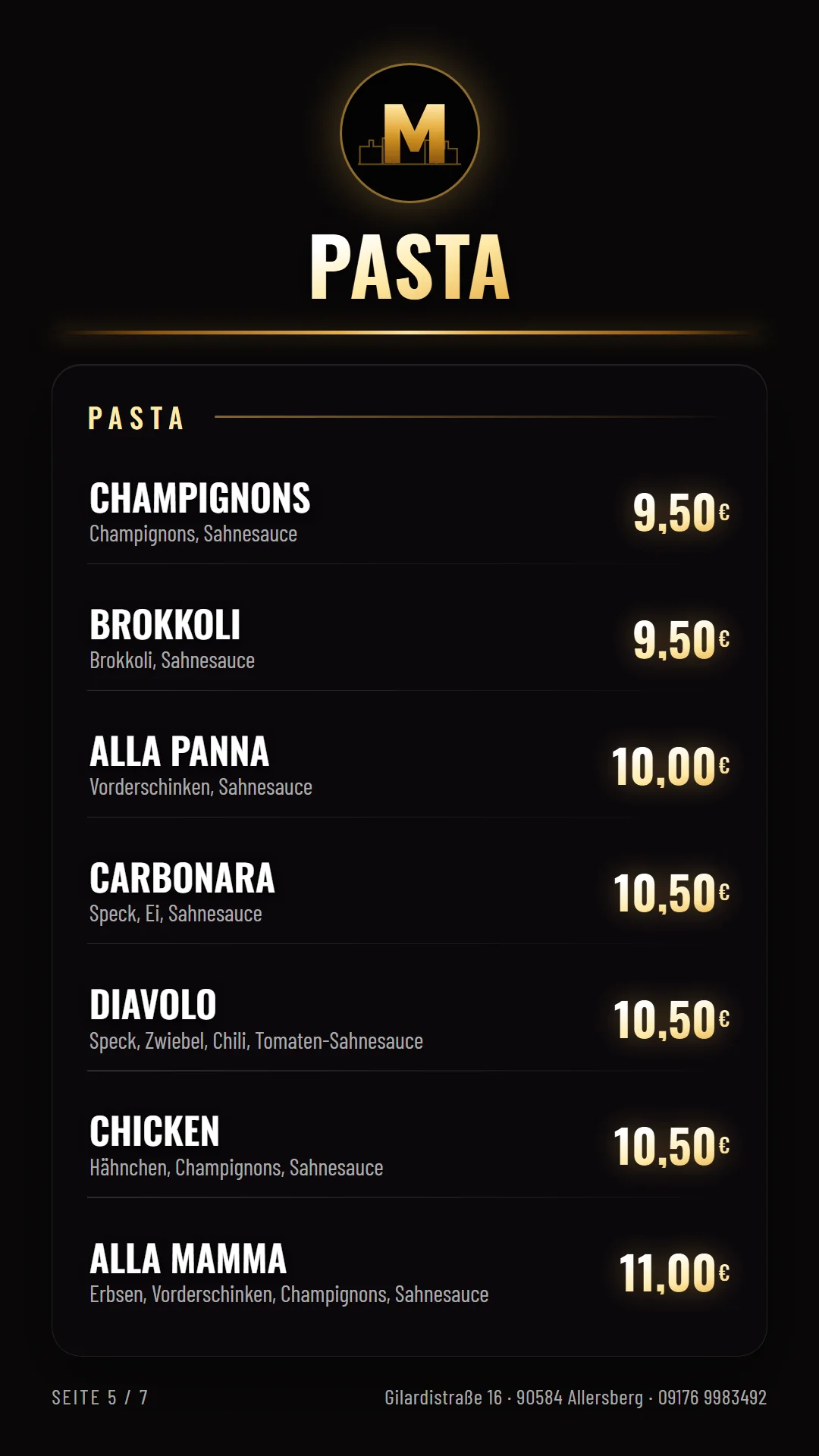 Speisekarte Seite 5 – Pasta