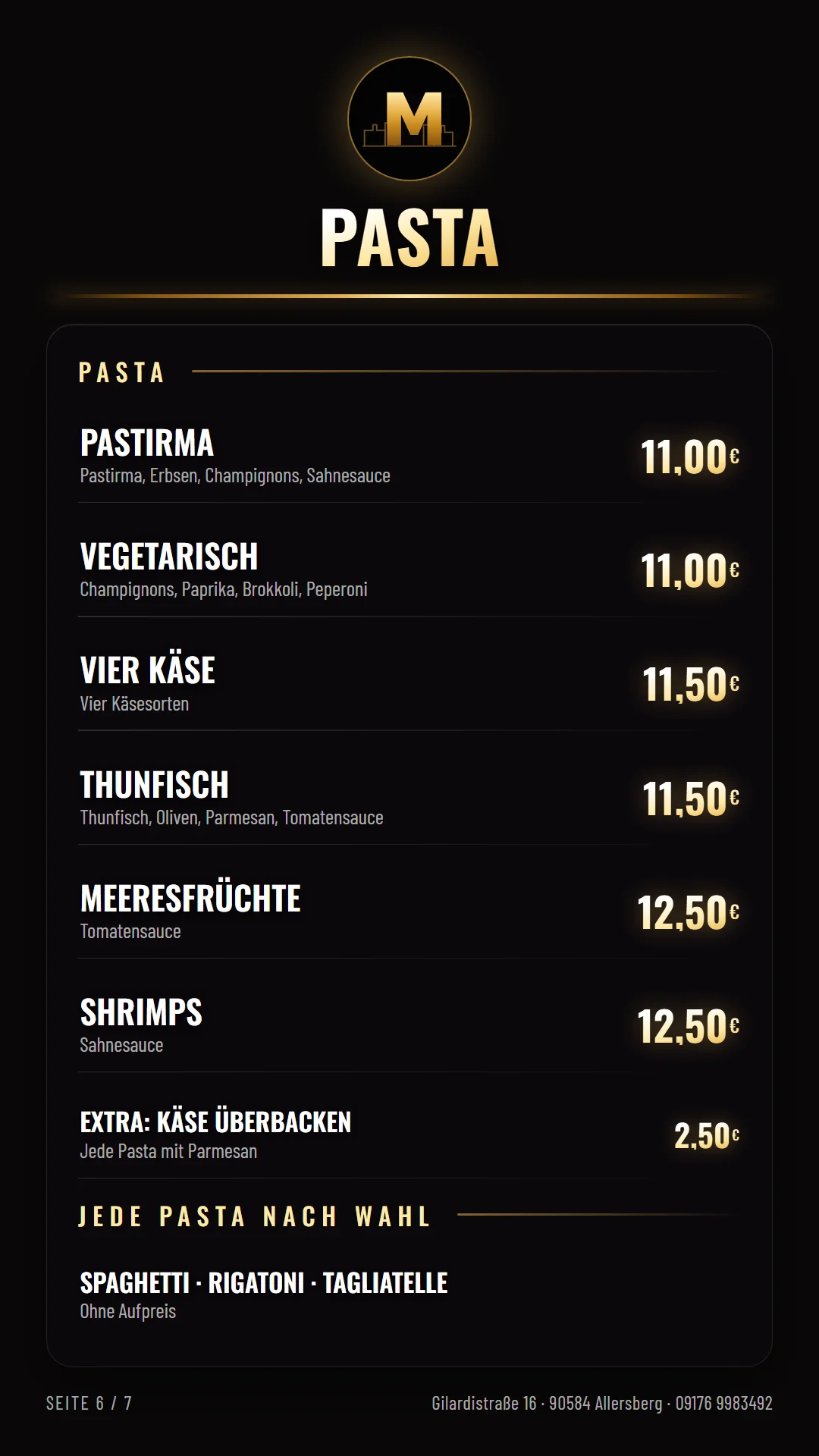Speisekarte Seite 6 – Pasta